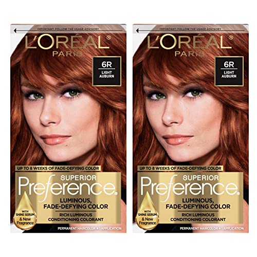 L'Oreal Paris Superior Preference Fade-Defying + Shine Permanent Hair Color, 6R Light Auburn, Pack of 2, Hair Dye