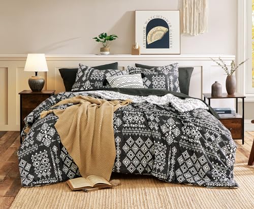 Geniospin Twin Comforter Set - 5 Pieces Comforters Twin Size, Fluffy Boho Bedding Sets for All Seasons, Bed in a Bag with Flat Sheet and Fitted Sheet, Pillowcase & Sham (Black and White, 66''x86'')