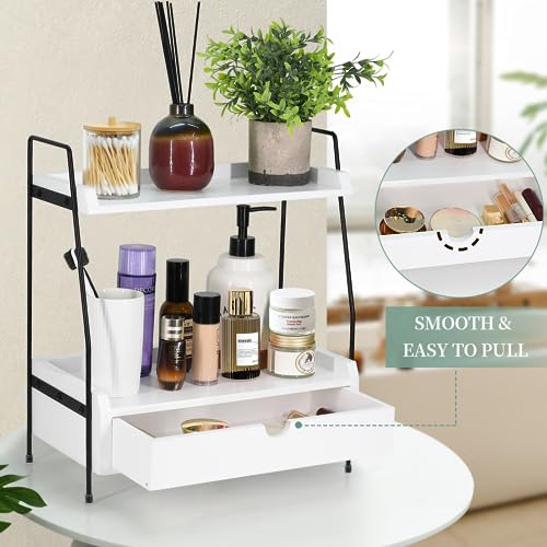 Y&ME YM 2-Tier Wood Bathroom Countertop Organizer with Drawer, 15.2"x7.5"x2.3"