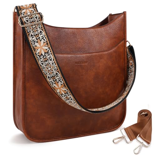 HKCLUF Crossbody Bag for Women Trendy Vegan Leather Hobo Handbags Women Fashion Shoulder Bucket Bags Cross-body Purse with 2PCS Adjustable Strap(Dark Brown)