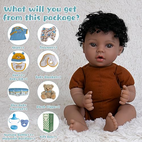 EKOKIZ Lifelike Reborn Baby Doll 18-Inch American African Baby Boy Newborn Baby Doll Soft Cloth Body Real Life Baby Dolls for Kids 3+, Complete with Clothes and Toy Accessories