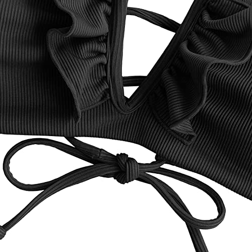 ZAFUL Women's Strapless Wave Textured U Meta Lace Up Tie High Leg Bandeau Two Piece Swimwear(11-Deep Coffee,L)