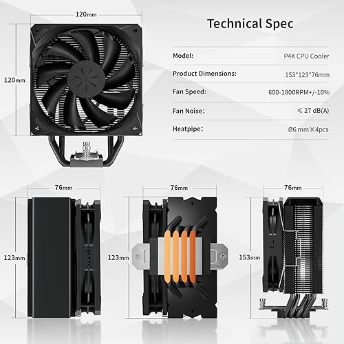 upHere P4K CPU Air Cooler 6mm x 4 Copper Heat Pipes CPU Cooler with 120mm Fan PWM 1800RPM 77.93CFM for Intel LGA 2011/2066 (Mainboard X79/X99)/1700/1200/1150/1121/1155/1156/1366/AMD AM5/AM4