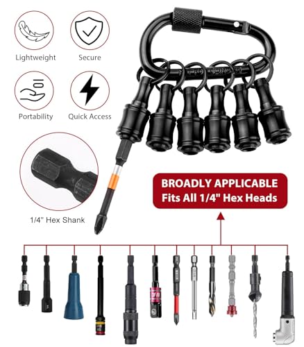 6pc Portable Bit holder Keychain, 1/4in Hex Shank Black Screwdriver Bit Clip for Impact Driver Flexible Drill Bit Extension Nut Driver W/ Carabiner, Quick Release Lightweight Drill Screw Adapter