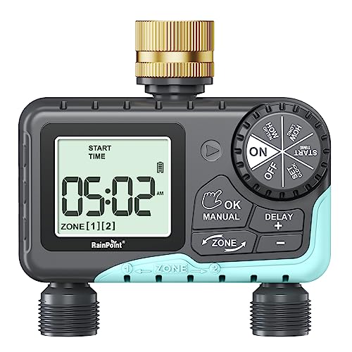 RAINPOINT Water Timer for Garden Hose - Sprinkler Timer with Brass Swivel - Rain Delay/Manual Watering/Automatic Irrigation Controller System Hose Timer Programmable Faucet Timer for Yard, 2 Outlet