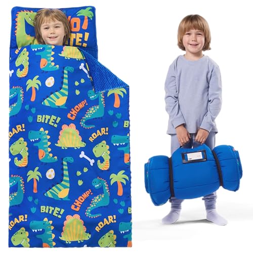 JOIEDOMI Toddler Nap Mat with Pillow & Blanket - 55''*30'' for Kids Ages 3-7 Years - Roll Up Nap Mat for Preschool - Soft Kids Sleeping Mat Dinosaur - for Boys Girls Kindergarten Daycare Sleepover