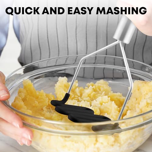 Zulay Kitchen Non-Scratch Potato Masher Kitchen Tool - Durable Stainless Steel Wrapped In Premium Silicone Mashed Potatoes Masher - Versatile Masher Hand Tool & Potato Smasher (Black)