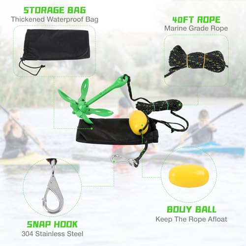 Linkloos Kayak Anchor Kit - 3.5lb with 40ft Rope & Storage Bag - Accessories for Kayaks, Canoes, SUP Boards, Small Boats, Jet Skis & PWCs - Marine Grade Green