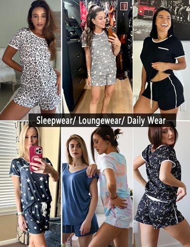 Ekouaer Pajama Set for Women 2 Piece Lounge Set Short Sleeve Tops and Shorts Soft Sleepwear, Chest Pocket Navy Blue