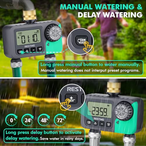 RESTMO Sprinkler Timer with Brass Inlet & Outlet, 2 Zone Programmable Water Timer for Garden Hose, 3 Separate Programs Hose Timer, Manual/Rain Delay/Automatic Watering for Drip Irrigation and Lawn