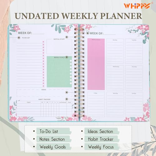 Undated Weekly Daily Planner- Weekly Goals Notebook, Women To Do List Planner, Habit Tracker Journal, Agenda 2024-2025 Daily Planner with Floral Hardcover Spiral Binding, A5 Plannee, Black