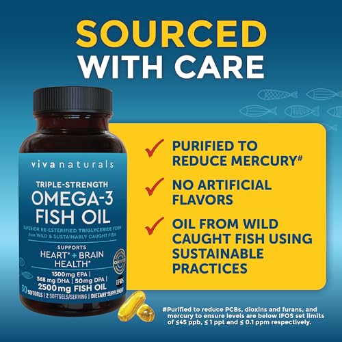 Viva Naturals Triple Strength Omega 3 Fish Oil Supplement - 2500 mg Fish Oil with Re-Esterified Omega 3 Fatty Acids Including EPA, DHA DPA - 30 Pescatarian-Friendly Softgels