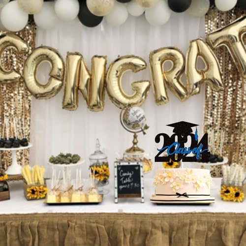 Class of 2024 Graduation Cake Topper Black Blue Glitter Congrats Grad Cake Decorations Congratulations Grad 2024 Party Supplies (Blue)