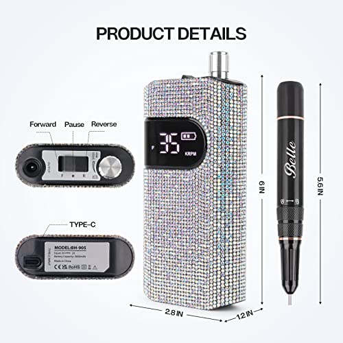 Belle Professional Nail Drill Machine, Sparkly Electric Nail Drill for Acrylic Nails, Cordless Portable Nail Drill Kit with Drill Bits & Sanding Bands, Manicure Pedicure Tools for Home and Salon