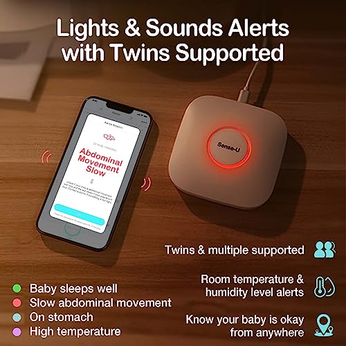 Sense-U Smart Baby Monitor Pro(Long Range)+2K PTZ Camera: Track Abdominal Movement with Arousal Vibration, Rollover, Feeling Temp, 2K Video, Background Sound & Motion Detection, No Monthly Fee