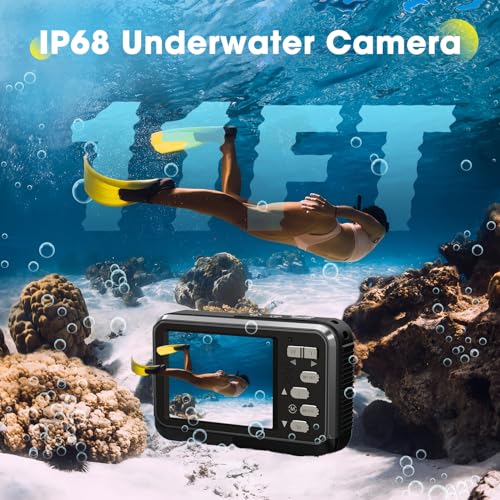 4K Waterproof Camera Underwater Camera Snorkeling 11FT with 64GB Card Dual Screens Selfie 48MP Autofocus 16X Zoom Compact Digital Camera Waterproof with 2 Batteries (Black)