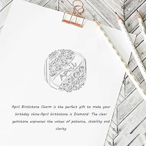 FOREVER QUEEN April Birthstone Charms for Bracelet 925 Sterling Silver Bead Openwork Charms, Happy Birthday Charms for Bracelet and Necklace