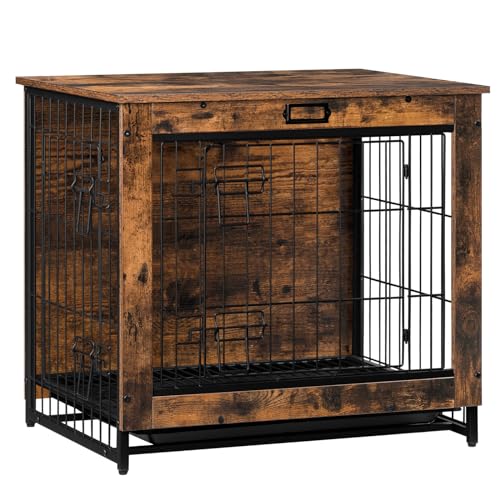 Dog Crate Furniture, 25.5" Small Dog Kennel Indoor, Wooden Dog Crate with Pull-Out Tray, Double Doors Dog House, Modern Side End Table for Small/Medium Dog, Rustic Brown BF642GW03G1