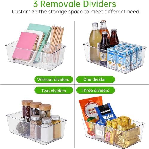 wilfox Pantry Organization, 3 Pack Clear Organizer Bins with Removable Dividers for Pantry, Kitchen, Fridge, Cabinet, Stackable Storage Bins for Snack, Pouches, Spice Packets