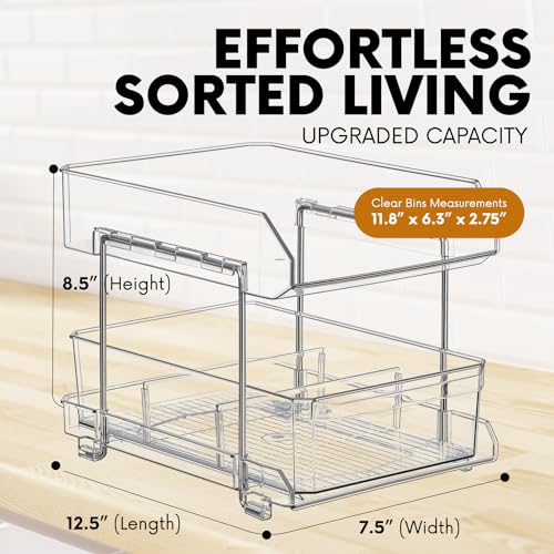 ShelfShaper 2-Tier Bathroom Organizers and Storage, Under Sink Organizer, Clear Multi-Purpose Kitchen Pantry Organization and Storage, Pull Out Medicine Cabinet Organizer with 4 Removable Dividers