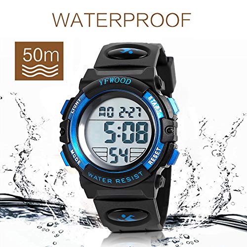 YFWOOD Kids Digital Watch,Waterproof Outdoor Watches, Children Casual Electronic Analog Quartz Wrist Watches with Silicone Band Luminous Alarm Stopwatch for Boys -Blue