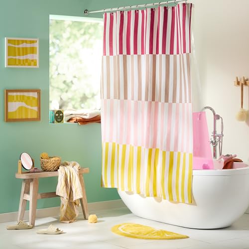 TOWN & COUNTRY PLAY Adeline Offset Stripe Cotton-Rich Breathable Fabric Shower Curtain with Anti-Rust Grommets, Pink/Beige/Yellow, 70"x72"