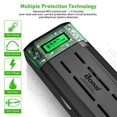 BONAI Smart Battery Charger for AA AAA C D 9V Ni-MH Ni-CD Rechargeable Batteries with Discharge Function and LCD Display Fast Charging - Black