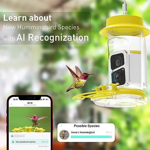 Soliom Humbirdy-The Original Hummingbird Feeder Camera with Ant Moat,Bee Proof,AI Identify Bird Species,Bird Watching Camera W/ 3 Feeding Ports,Instant Notifications,Gifts Ideas for Family(16 Ounces)