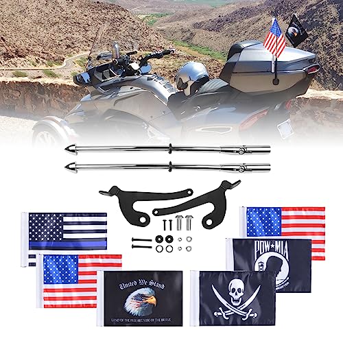 Hutexico For Spyder F3 LTD Flag Pole Mount Kit, 2 Pack Foldable Spyder Trunk Stainless Flagpole Bracket With 6 Flags USA Flag For Can-Am Spyder F3-Limited 2017-2023, Spyder RT 2020-2023 (Chrome)