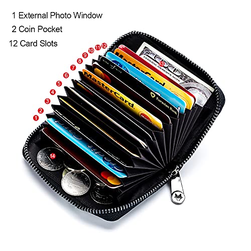 EASTNIGHTS Genuine Leather Credit Card Wallet Accordion Zipper Rfid Credit Card Holder Small Coin Purse with ID Window (black)