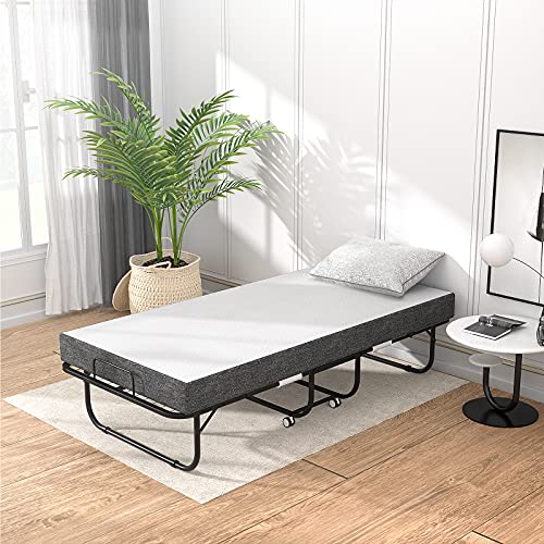 Foxemart Folding Bed with Mattress 75 x 38“ Rollaway Bed Extra Guest Bed with 5 Inch Comfortable Memory Foam Mattress and Super Sturdy Bed Frame with Wheel, Easy to Assemble, Twin Size