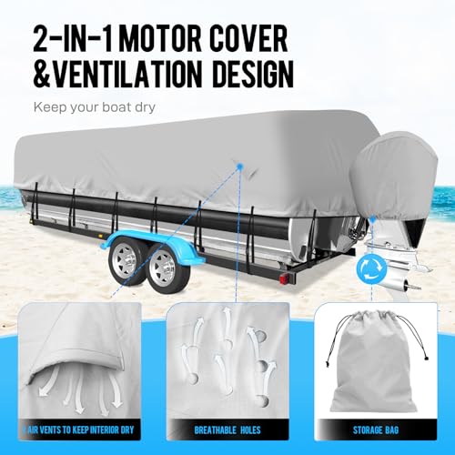 Mionovity Pontoon Boat Cover, 600D Waterproof Pontoon Boat Cover with Motor Cover, Heavy Duty Waterproof Marine Grade Canvas, Deck Boat Cover, 17-20 FT, Gray