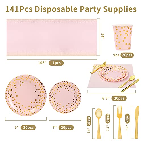 Dn Dennov 168PCS Pink and Gold-Pastel Party Supplies, Severs 20 Disposable Party Dinnerware Include Paper Party Plates, Cups, Napkins, Straw, Wooden Fork Spoon for Wedding,Christmas (Pink and Gold)