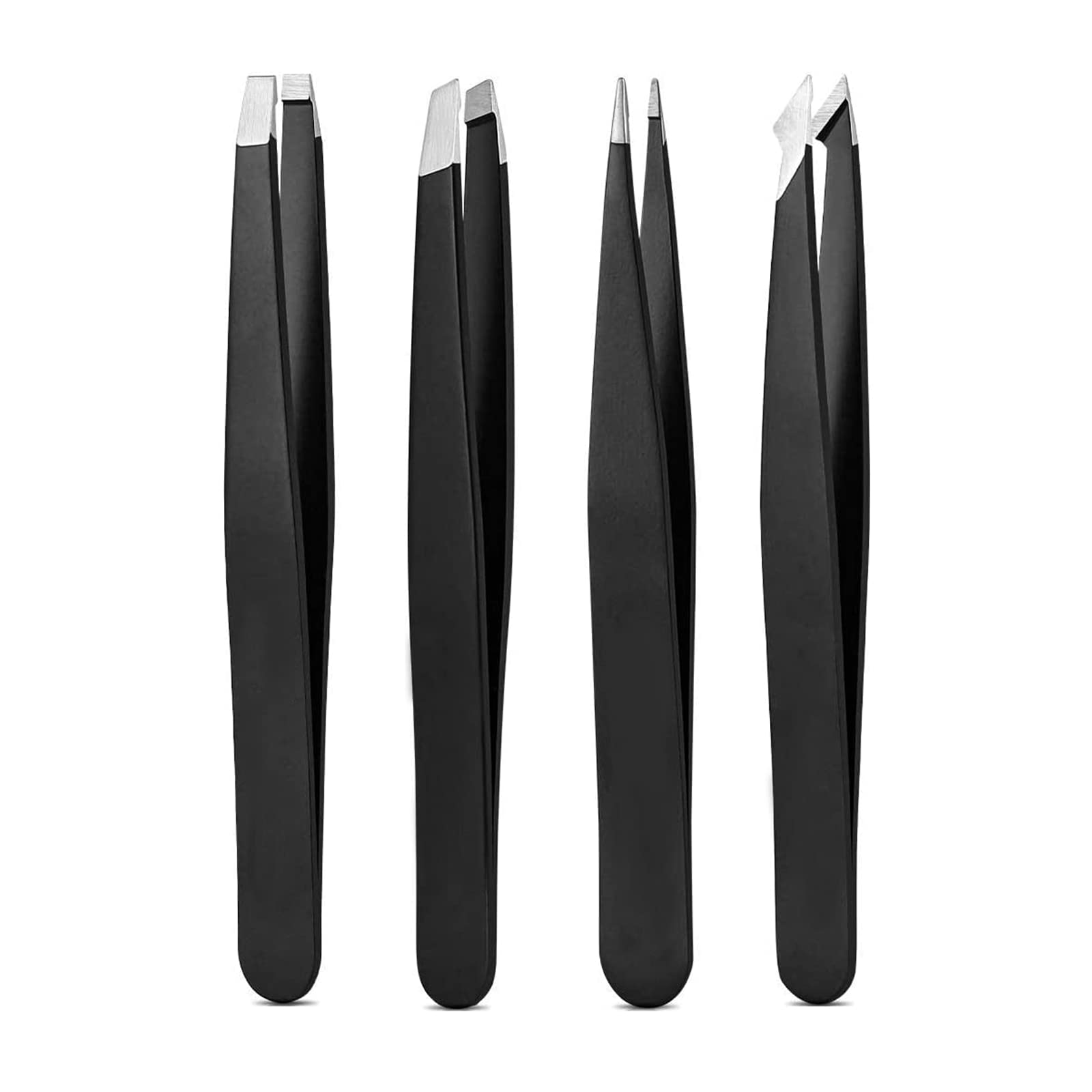 Tweezers Set, High Precision Stainless Steel Eyebrow Tweezers for Facial Hair, Inward Growing Hair and Splinter Remover Kit, Suitable for Women and Men, 4-Piece Set. (Black)