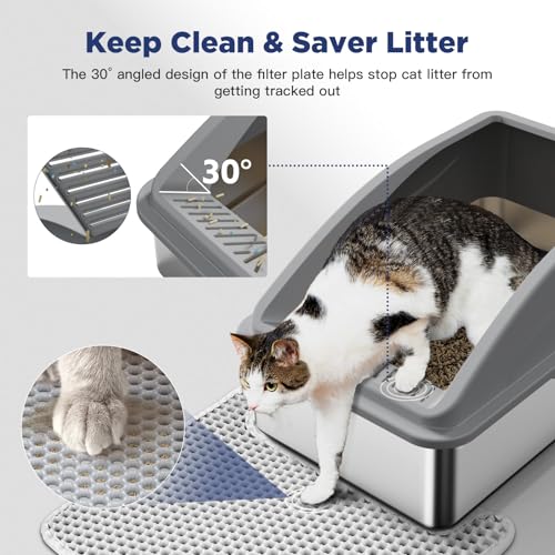 Stainless Steel Cat Litter Box, Extra Large Litter Boxes for Big Cats, XL Metal Cat Litter Box with Lid, Anti-Urine Leakage, Non-Sticky, Include Cat Mat and Litter Scoop