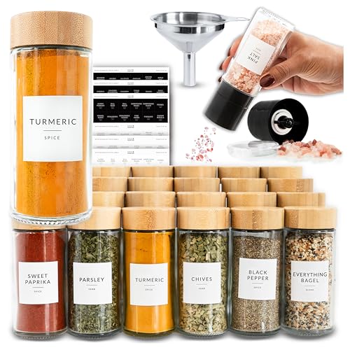 24 Glass Spice Jars with Label, Round Bamboo Spice Jar Set 4oz Seasoning Containers with Labels, 374 Spice Labels, Spice Bottles Funnel Empty Spice Jars and Shaker Lids Spice Containers and Grinder