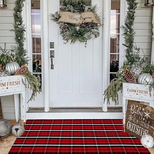 Buffalo Plaid Outdoor Rug, 3'x5' Black and White Check Indoor/Outdoor Area Rugs, Layering Rug for Hello/Welcome Door Mat, Washable Cotton Woven Farmhouse Mat for Fall Front Porch Décor