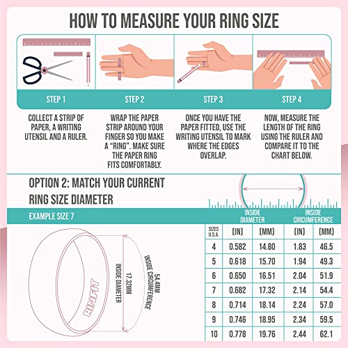 Rinfit Silicone Rings Women - Promise Ring, Silicone Wedding Bands for Her - Metal Framed Silicone Pear -Pack O: White/Silver & Pink/Rose Gold, Size 5