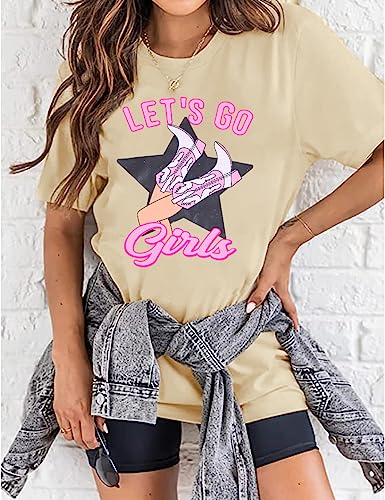 Let's Go Girls T Shirt Western Cowgirls Graphic Shirts Retro Country Music Tee Bridal Wedding Vacation Oversized Top Apricot