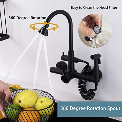 Wall Mount Kitchen Faucet 8 Inch Faucets Matte Black Faucet for Kitchen, with Spray Gun and 2 Water Jet, Swivel 360° spout Wall faucets, Wall mounting Kitchen Faucet