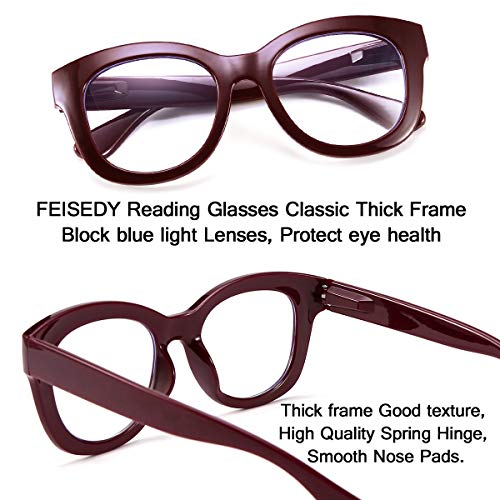 FEISEDY Retro Reading Glasses Thick Square Oversized Frame Blue Light Blocking Lens Anti Glare Digital Eyestrain B2534