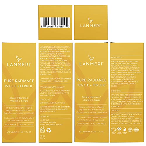 Vitamin C Face Serum - CE Ferulic Facial Serum with 15% Pure L-Ascorbic Acid, Ferulic Acid, Vitamin E, & Hyaluronic Acid - Anti Aging, Anti Wrinkle Skin Brightening Serum, 30ml/1oz.