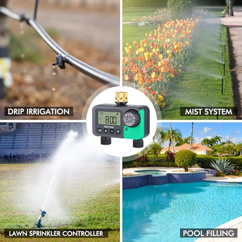 RESTMO Sprinkler Timer with Brass Inlet & Outlet, 2 Zone Programmable Water Timer for Garden Hose, 3 Separate Programs Hose Timer, Manual/Rain Delay/Automatic Watering for Drip Irrigation and Lawn