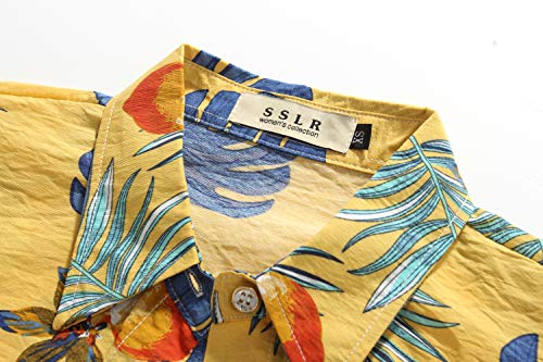 SSLR Womens Hawaiian Shirts Floral Short Sleeve Blouses Button Up Shirts for Women (X-Small, Yellow)