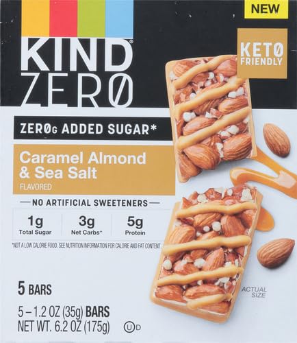 KIND ZERO Added Sugar Bars, Keto Friendly Snacks, Caramel Almond and Sea Salt Flavored, 6.2oz Box (5 Bars)