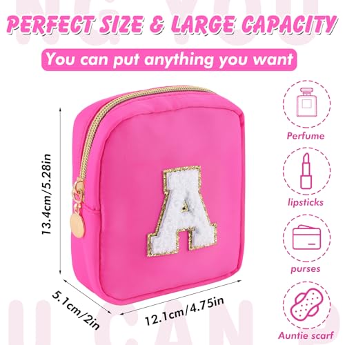 URSKYTOUS Initial Makeup Bag for Women Small Personalized Chenille Letter Nylon Cosmetic Bag for Purse Preppy Travel Cute Nylon Makeup Pouch Toiletry Makeup Organizer Bag for Birthday Gift(Hot Pink W)