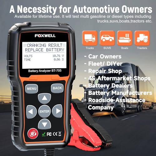 FOXWELL BT705 Car Battery Tester 12V 24V, Automotive 100-2000CCA Battery Load Tester Battery Analyzer Digital Charging System Alternator Tester Cold Cranking for Heavy Duty Truck Boat Marine SUV ATV