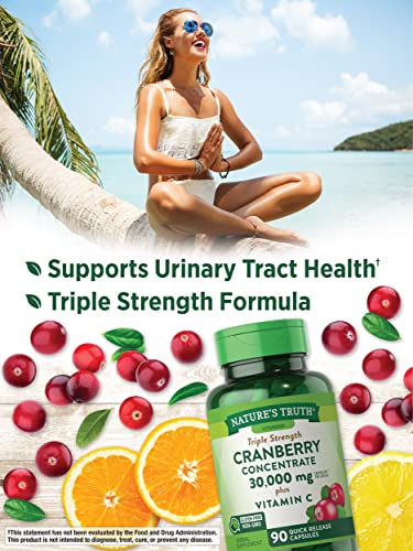 Cranberry Concentrate Capsules 30,000mg | Plus Vitamin C | Non-GMO & Gluten Free Supplement | Triple Strength Support Pills | by Nature's Truth