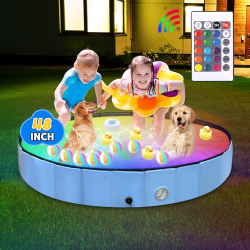 Thecvia Foldable Dog Pool with RGB Lights, Kiddie Pool for Toddlers 1-3, 64" Blue Pet Bathing Tub, Swimming Pool for Kids, Collapsible Kids Pool for Backyard, 1 2 3 4 5 6 7 8 12+ Years Old Toddler Toy