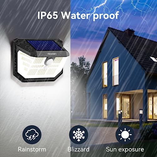 TECKNET 231 LED Solar Lights for Outside, 2 Pack 300°Solar Motion Lights Outdoor with 3 Lighting Modes, IP65 Waterproof PIR Outdoor Motion Sensor Light for Front Door, Fence, Garden, Yard, Garage